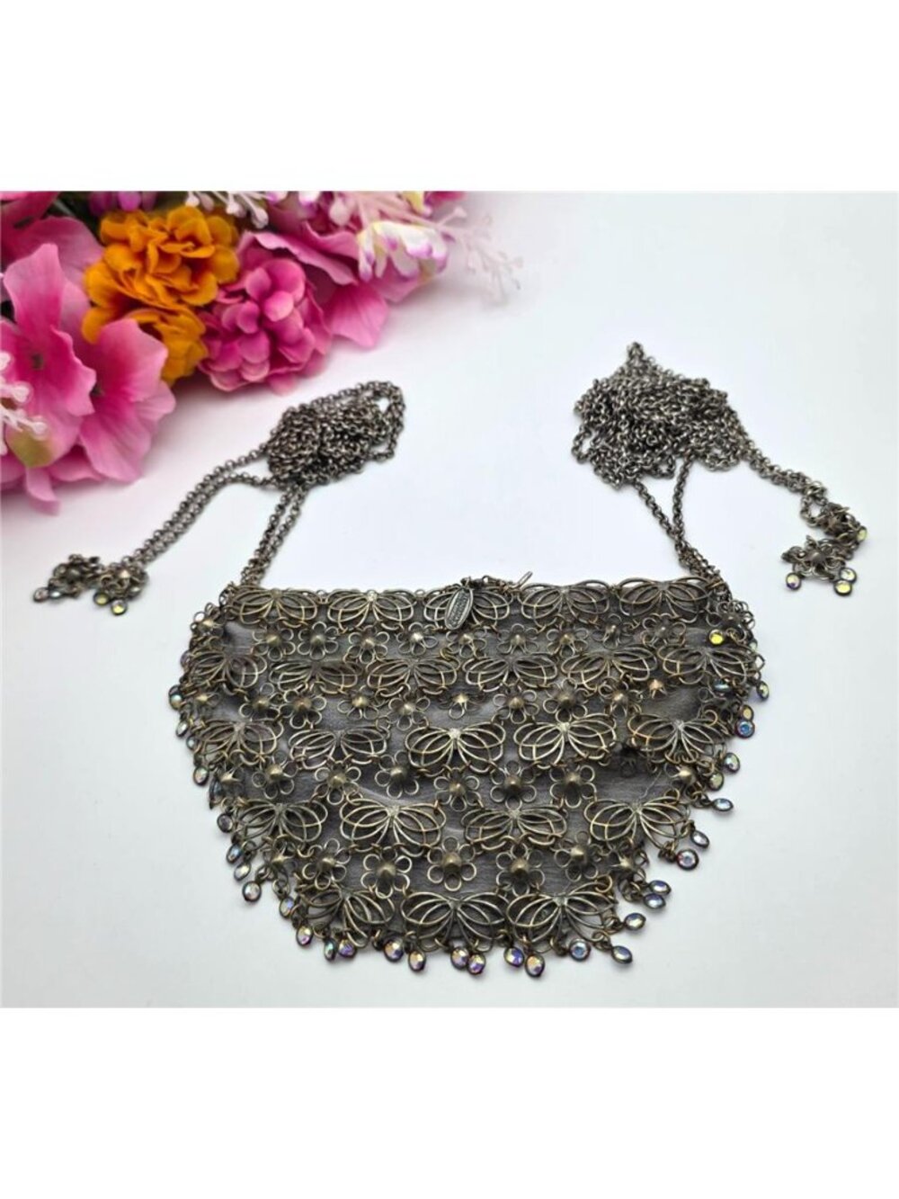 Kenny Ma Filigree Mesh Purse Necklace AB Crystal Fringe Boho Drape 67 in